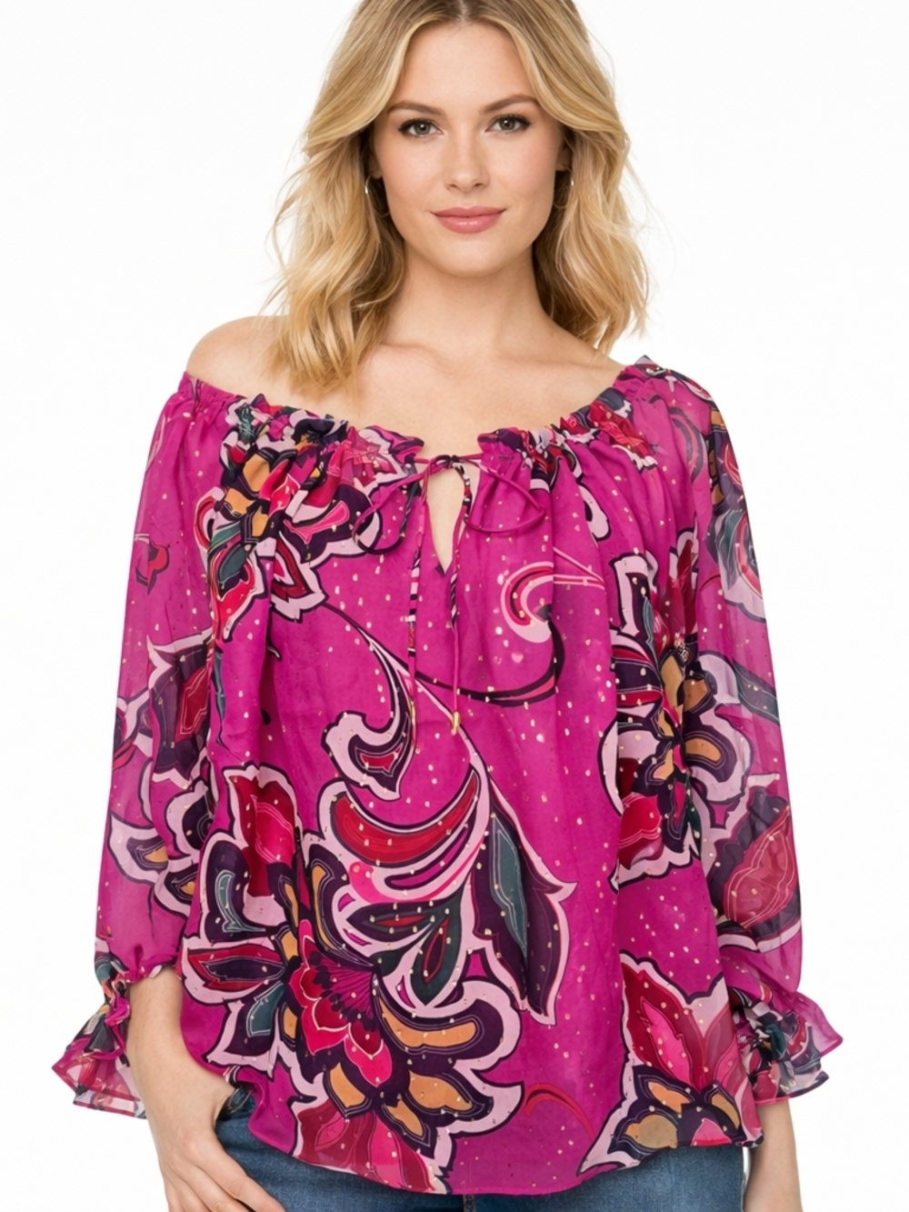 Trina Turk Bright Fuchsia Floral Silk Off-Shoulder Blouse - Picture 4 of 6